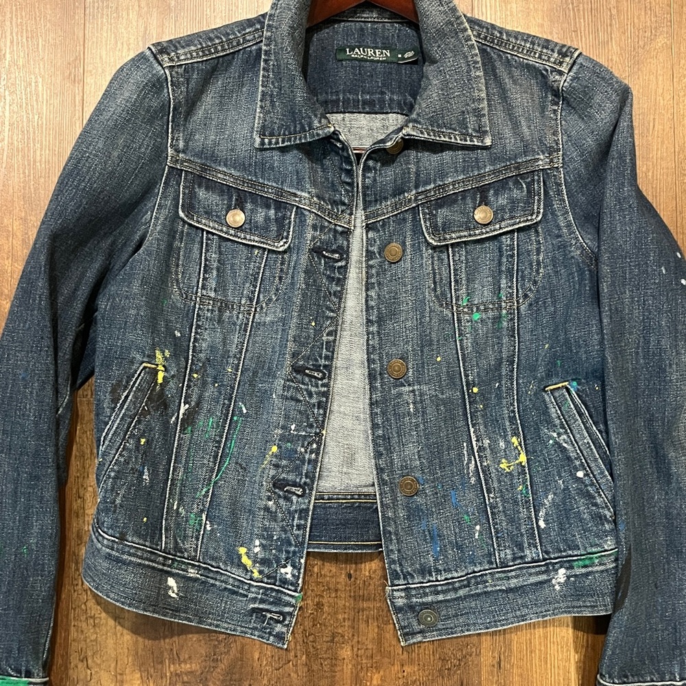 Lauren Ralph Lauren Blue Denim Trucker Jacket 2nd Generation Paint Splatter